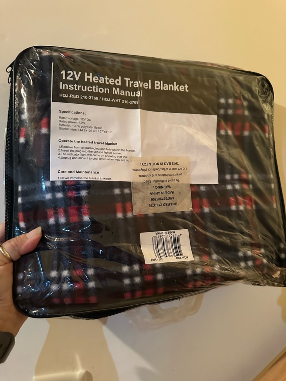 12V Heated Travel Blanket - Black, Red, White Plaid